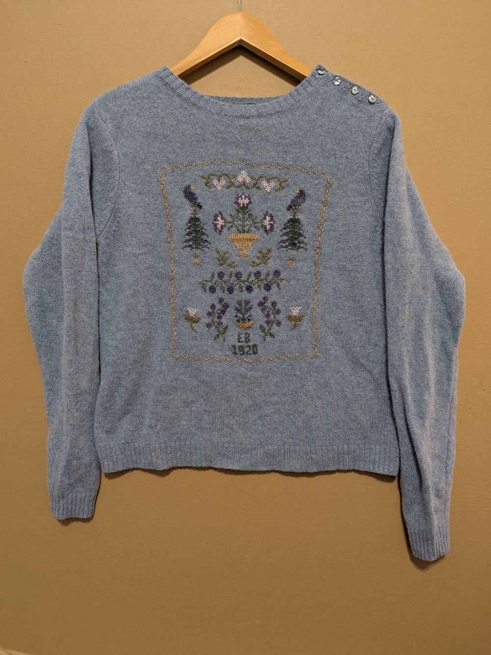 Eddie Bauer VTG Lambswool Sampler Sweater Knit Cottage Medium Blue Heritage